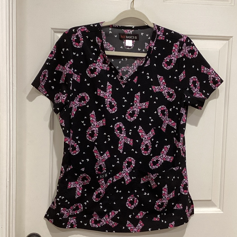 Women's Black V-Neck Top with Pink Ribbon Print